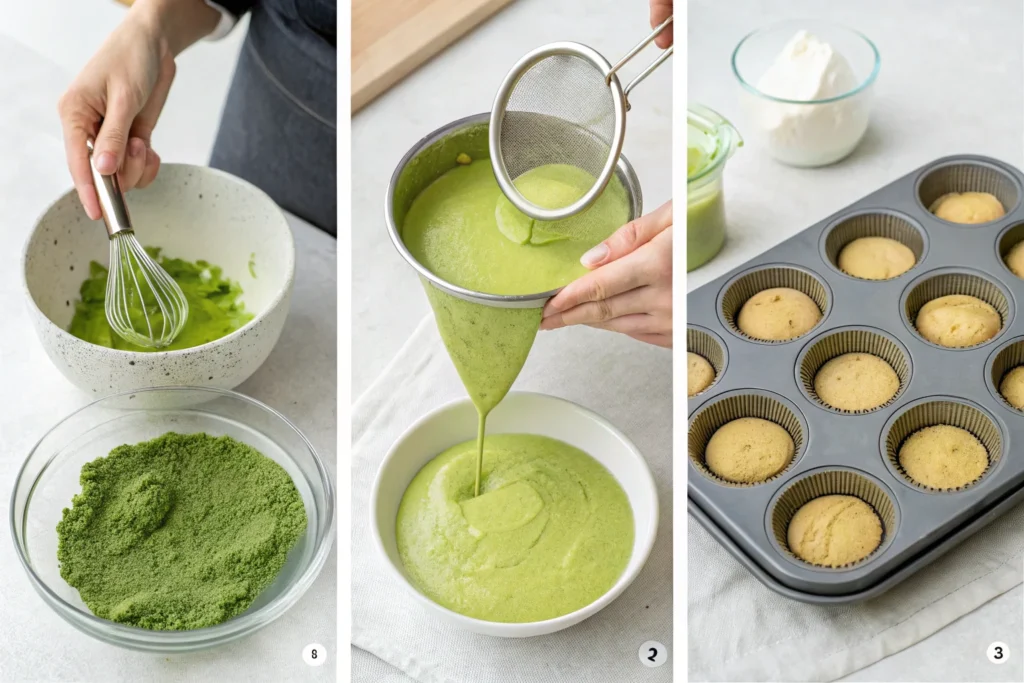 Steps to make matcha brownies, from mixing batter to baking.