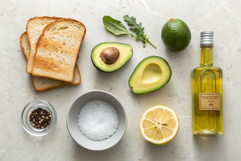 Avocado_toast ingredients, including bread, avocado, lemon, and seasonings.