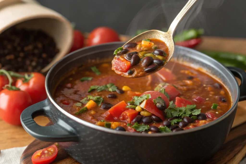 A ladle of thick black bean soup with vibrant ingredients.