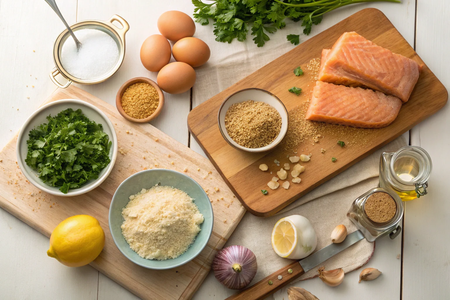 Ingredients for making salmon patties arranged on a kitchen counter.