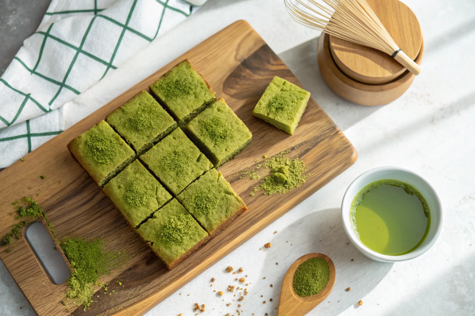 Freshly baked matcha_brownies on a wooden board with a sprinkle of matcha powder and a cup of tea.