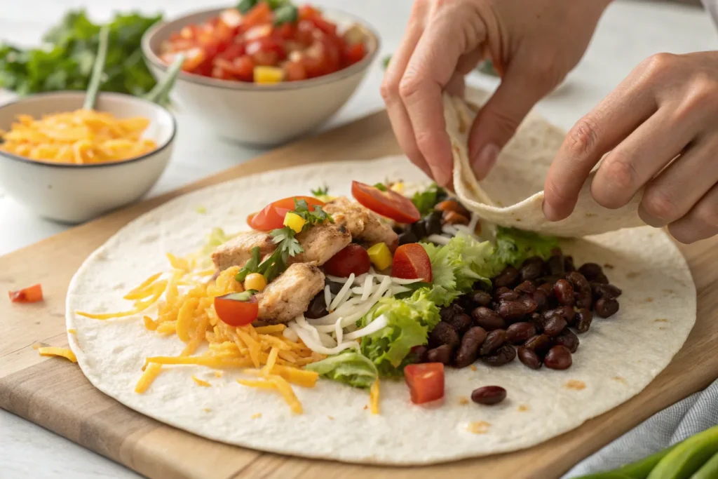 A tortilla being filled with chicken and toppings.