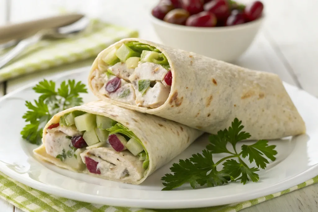 Chicken salad wrap with leftover rotisserie chicken.