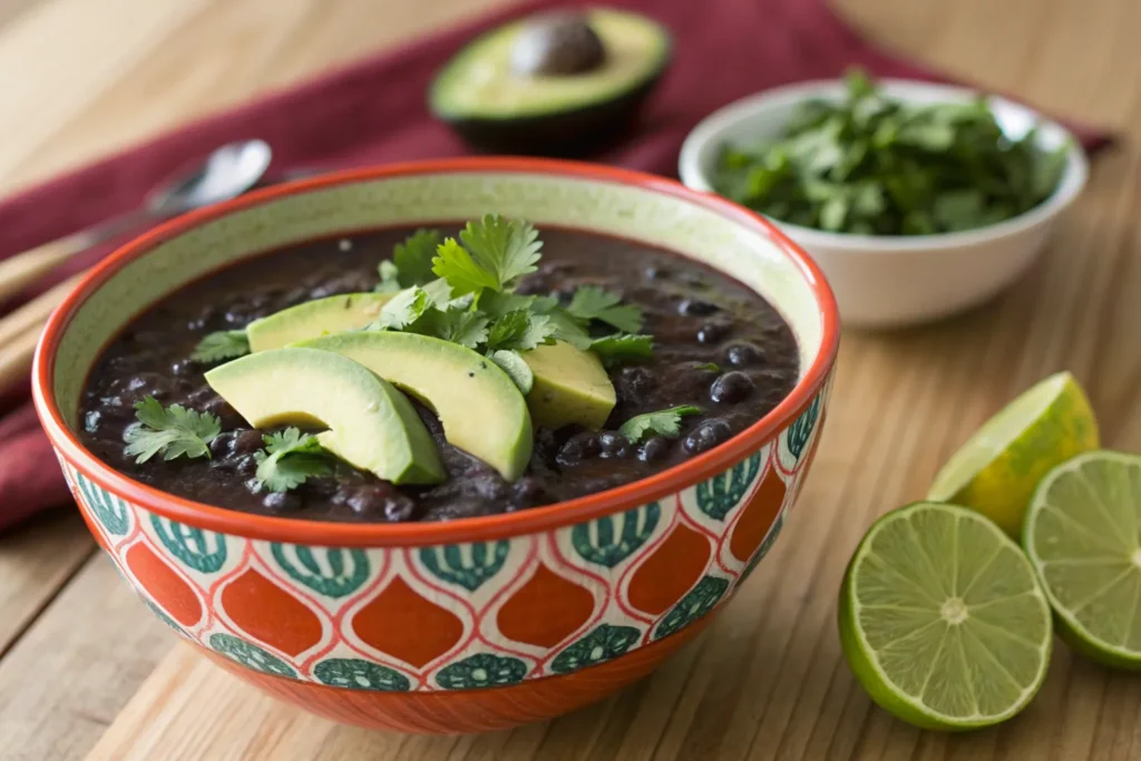 A colorful bowl of black bean soup with healthy toppings.