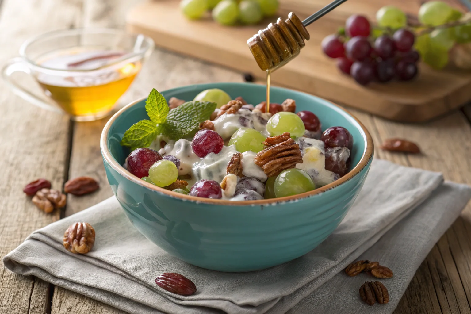 A creamy grape salad in a bowl with pecan topping.