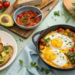 A variety of egg breakfast dishes on a table.