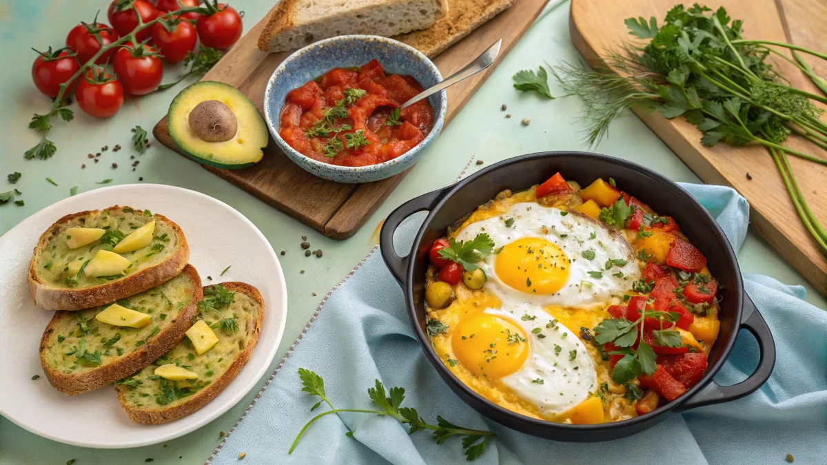 A variety of egg breakfast dishes on a table.