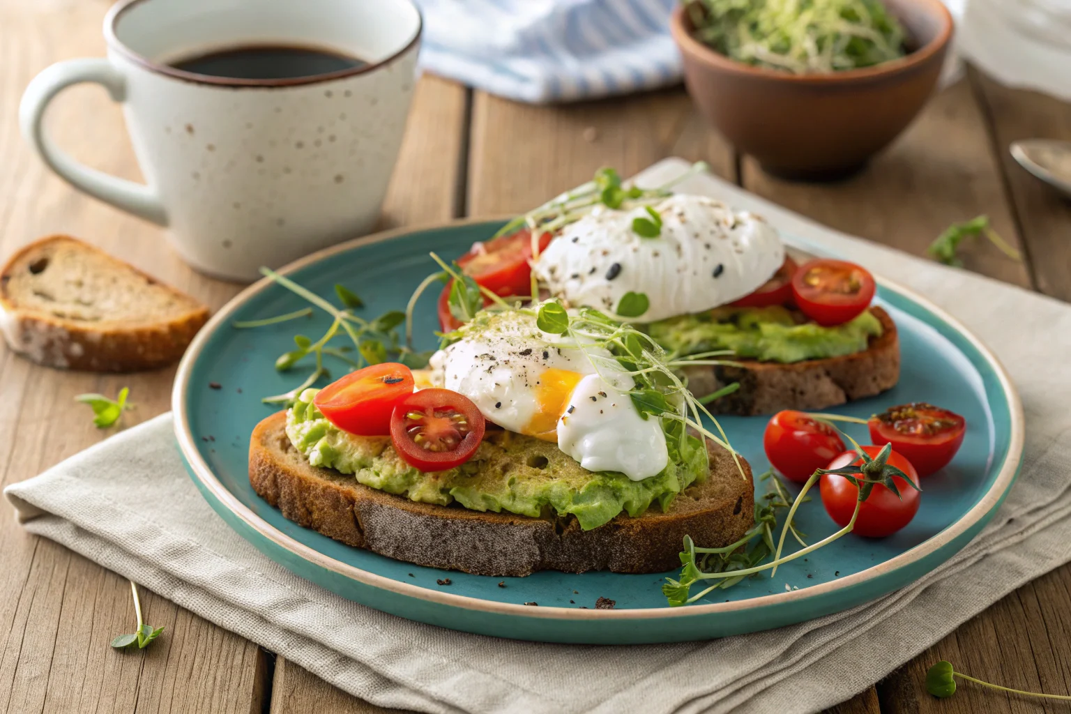 Avocado-toast with poached eggs and cherry tomatoes on a rustic plate with coffee on the side.