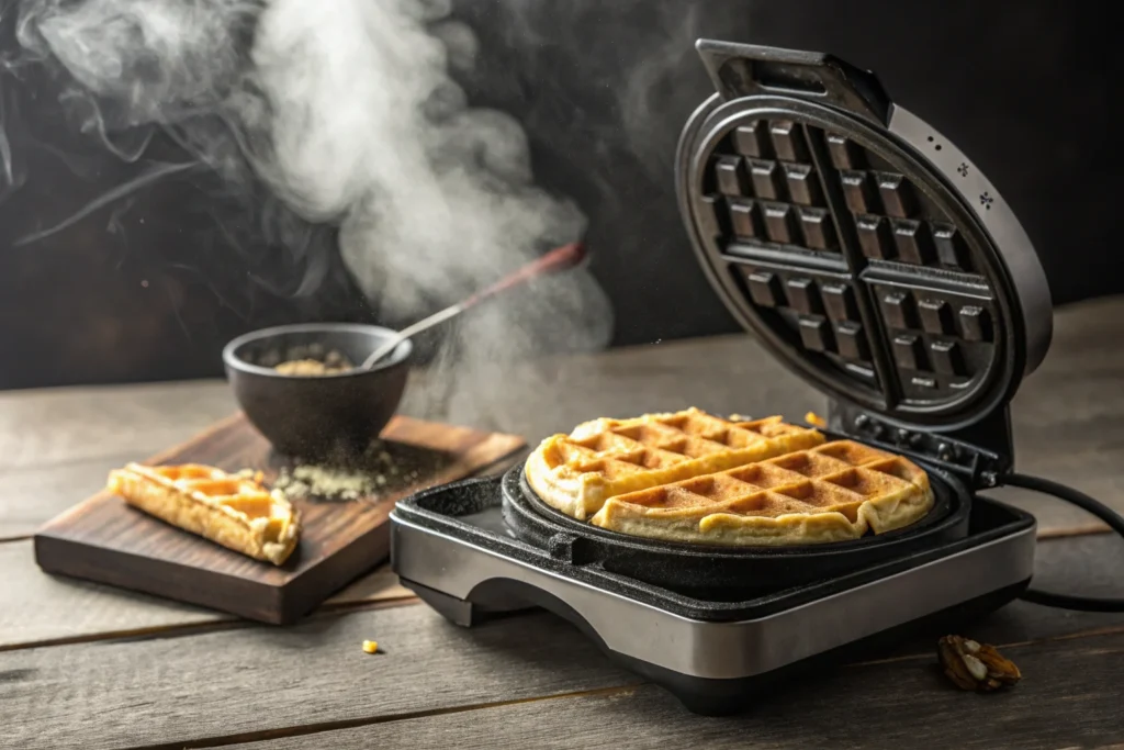 Cooking almond flour waffles in a waffle iron.