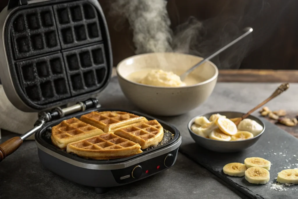 Cooking banana waffles in a waffle iron.