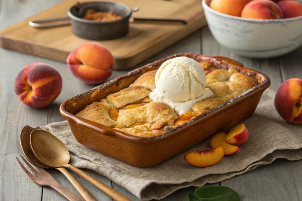 Freshly baked peach cobbler with vanilla ice cream.