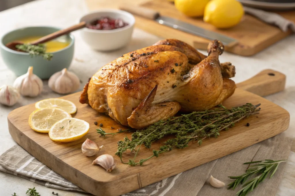 Rotisserie chicken on a wooden cutting board with garnishes.