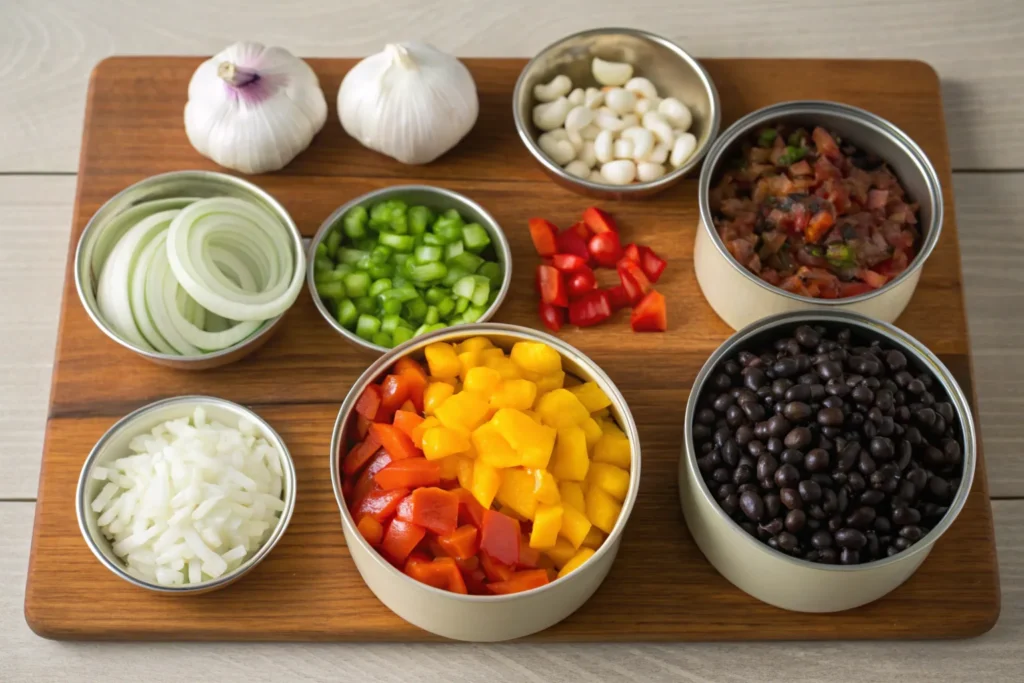 Ingredients for black bean soup, prepped and ready.