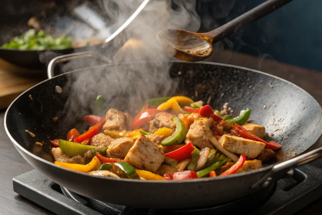 Chicken and bell peppers being stir-fried in a wok.