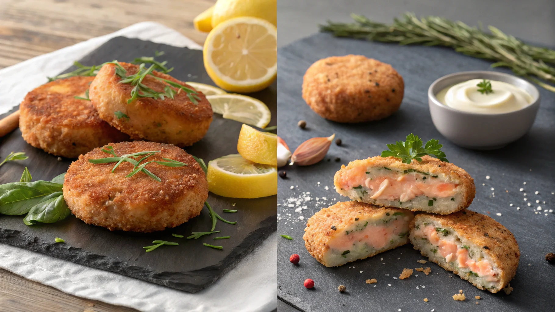 Salmon patties and salmon croquettes displayed on slate boards with garnishes and dipping sauce