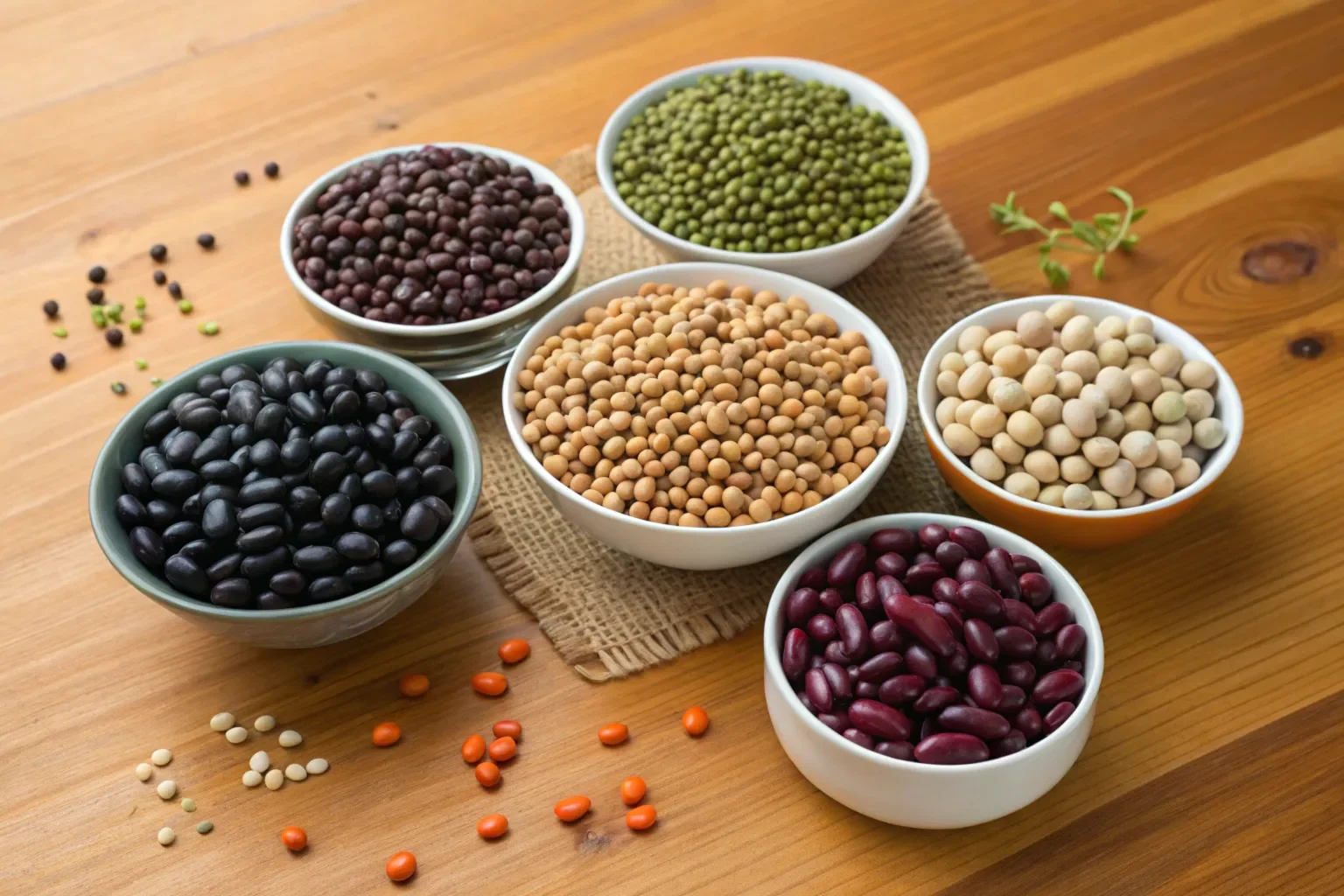 Different types of beans displayed in bowls on a table.