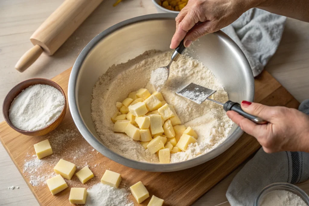 Mixing crumble topping with a pastry cutter.