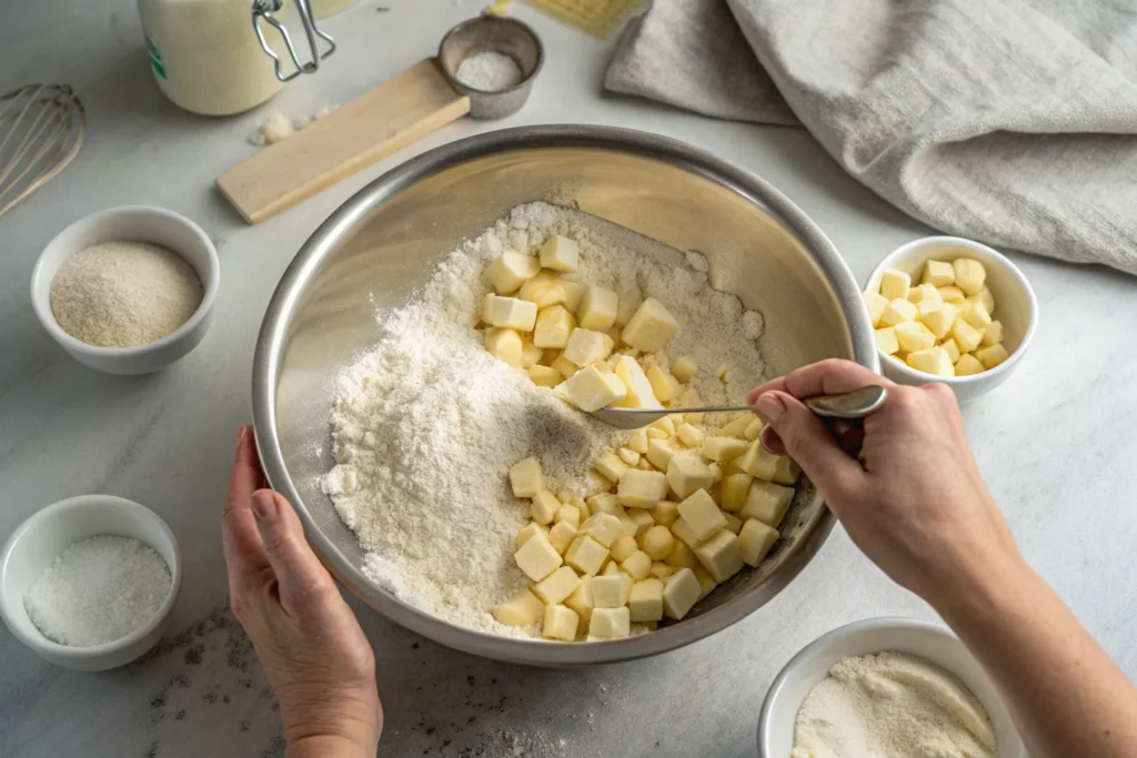 Mixing crumble topping ingredients.