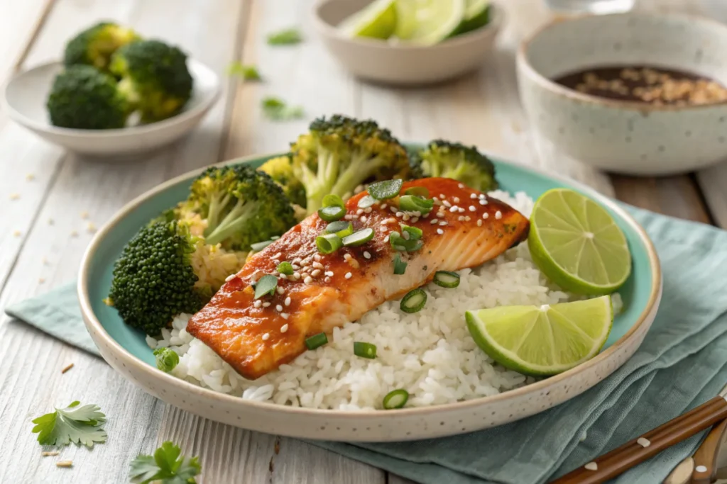 Sweet chili salmon with rice and sides.