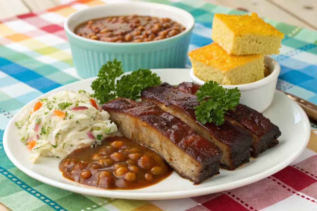 Beef_back_ribs with BBQ sides.