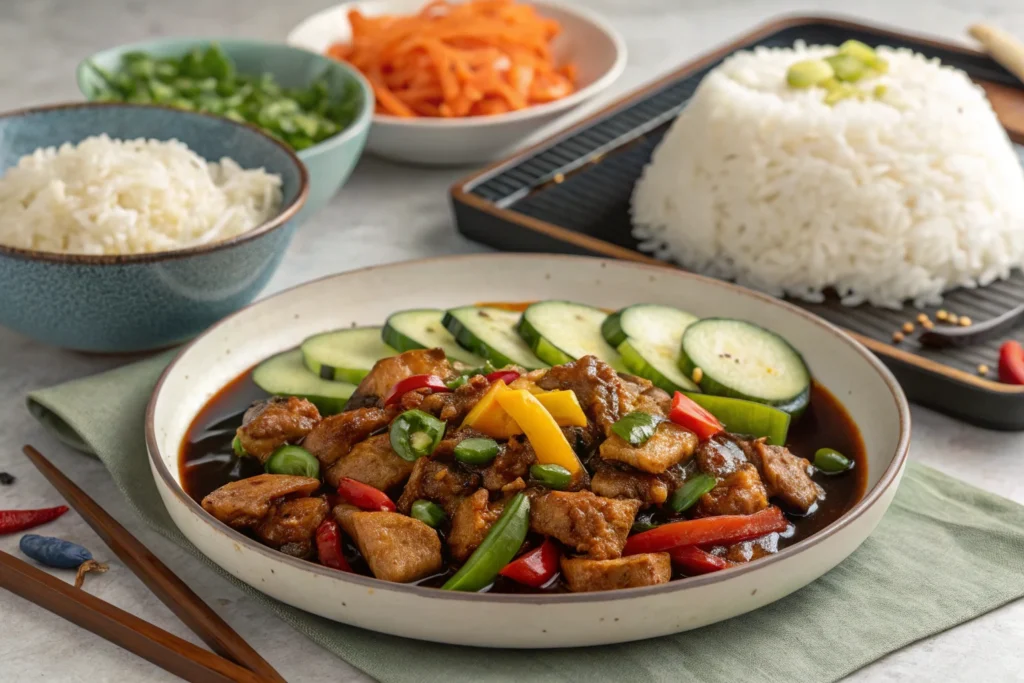 Black_Pepper_Chicken on a platter with rice and side dishes.