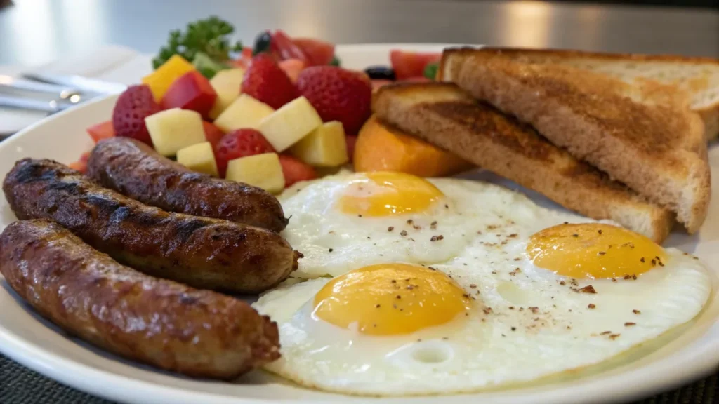 Sunny-side-up eggs with bacon and toast.