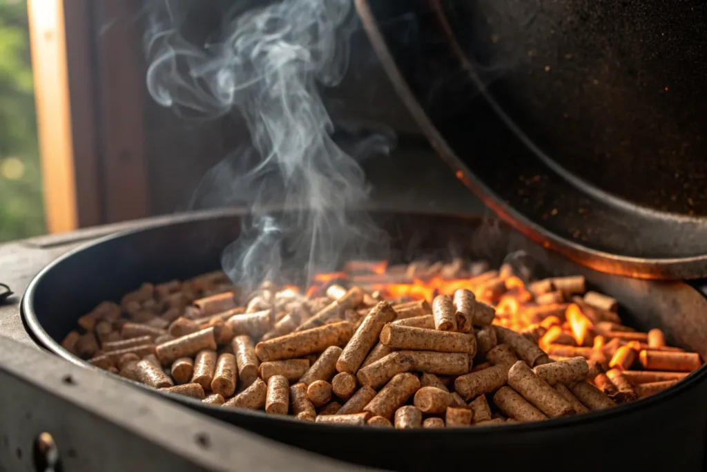 Hickory wood pellets smoking for grilling.