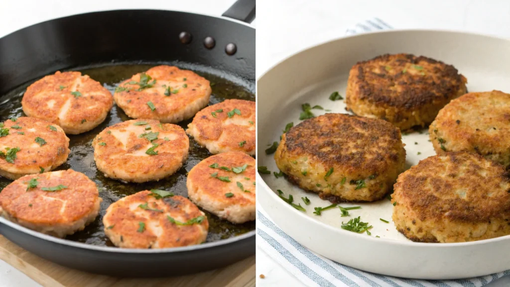 Salmon patties cooking in a skillet and served on a white plate, garnished with fresh herbs.