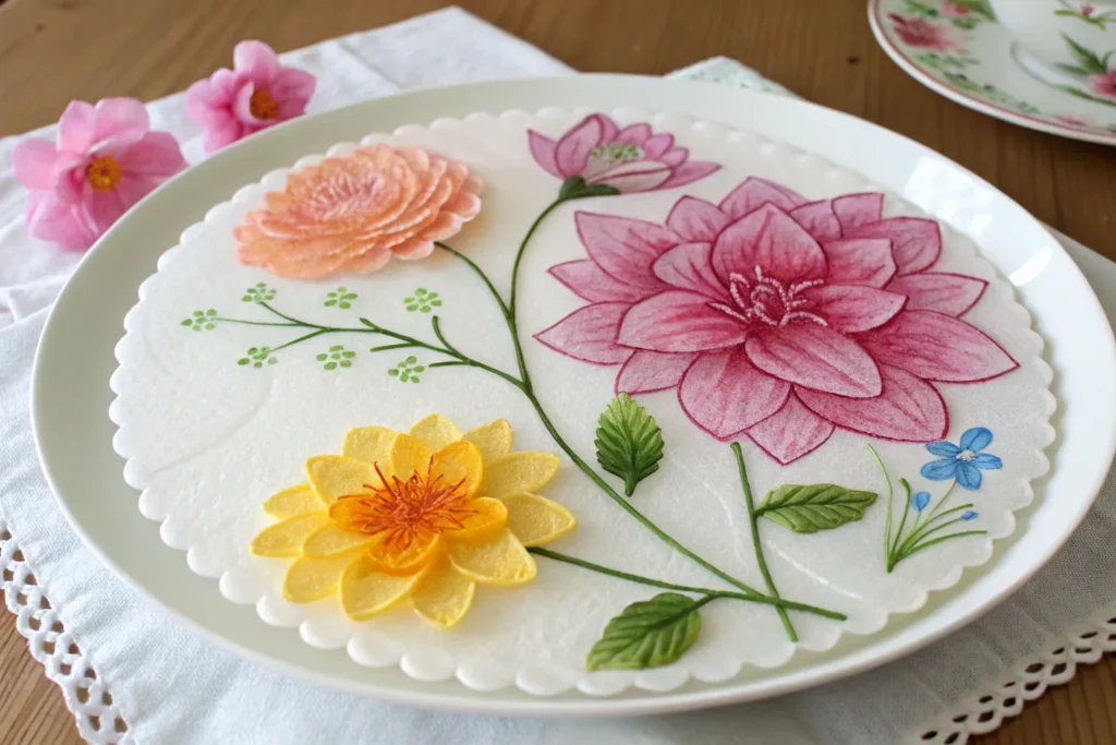 Decorative rice_paper art flowers on a dessert plate.