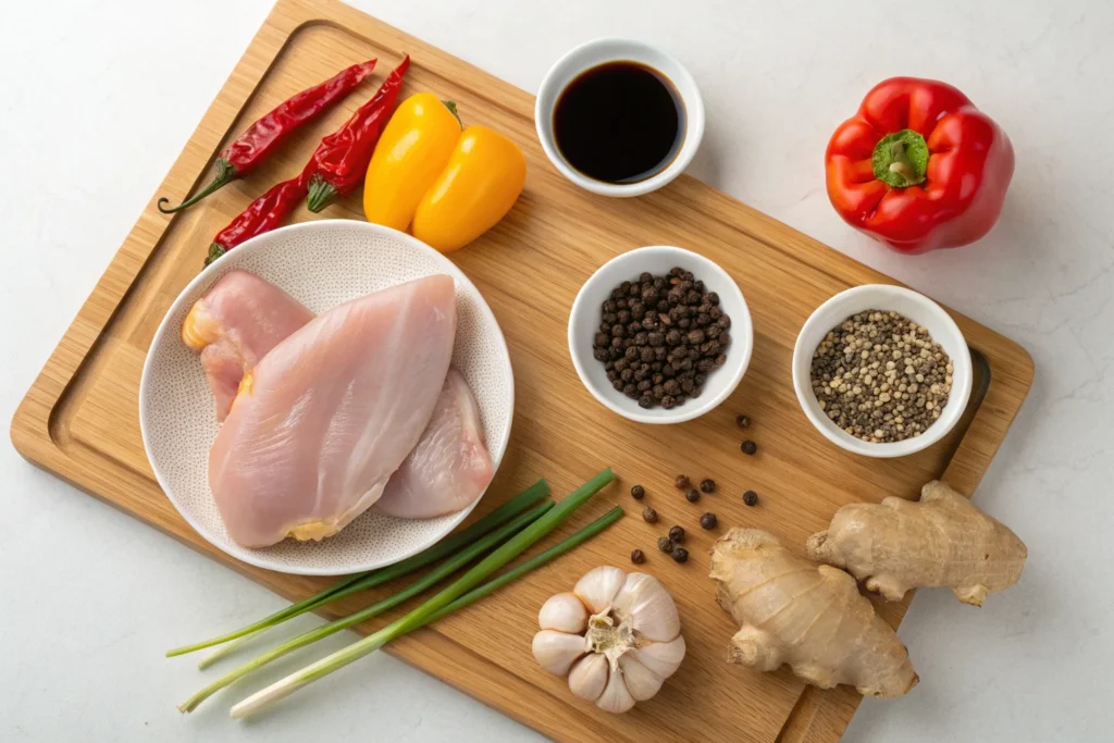 Ingredients for making Black Pepper Chicken laid out on a cutting board.