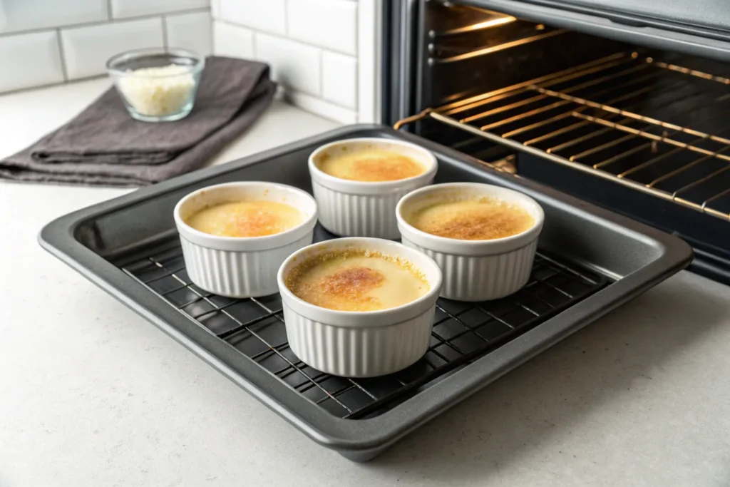 Crème brûlée baking in a water bath.