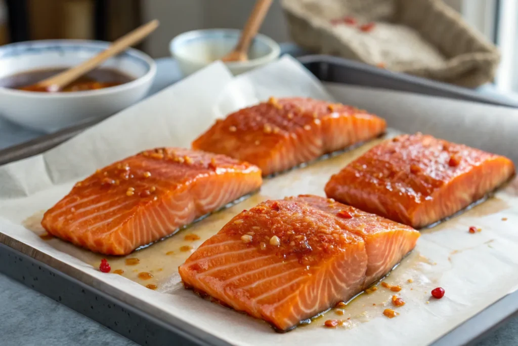 Salmon fillets prepped for baking.