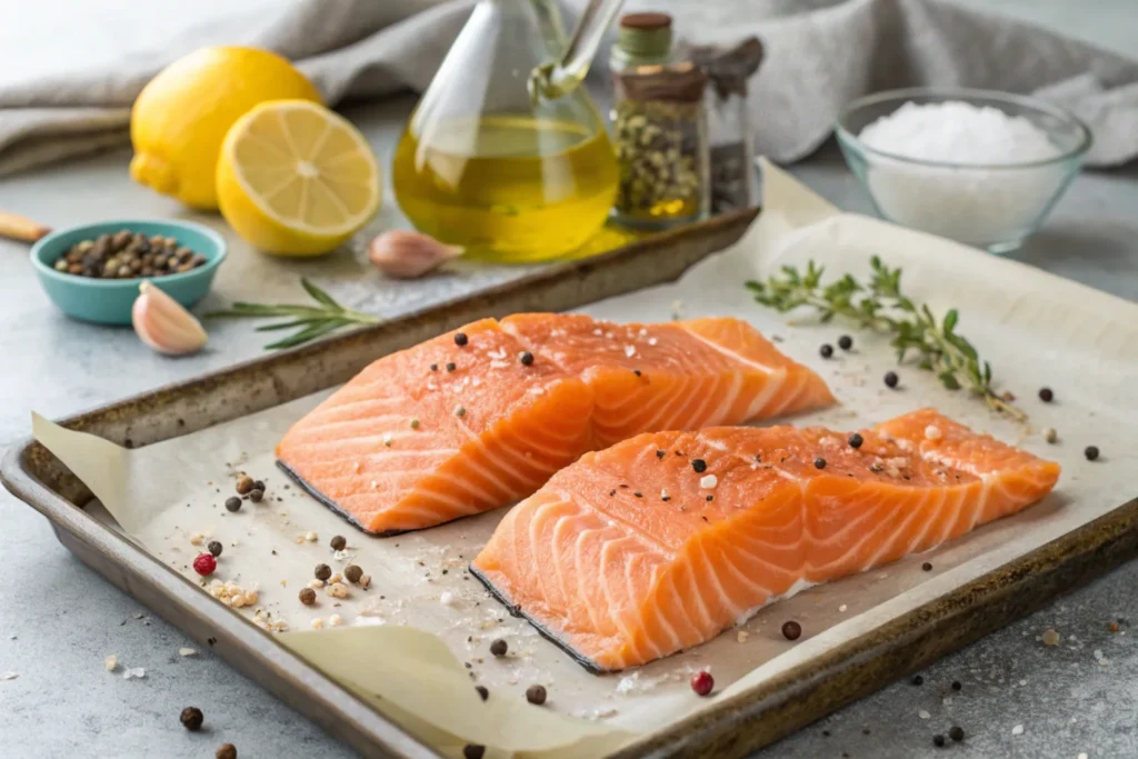 Prepped salmon fillets on baking sheet.