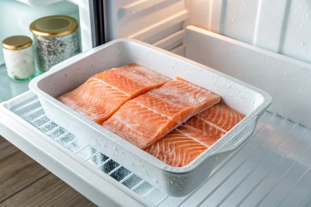 Safely thawing salmon in the fridge.