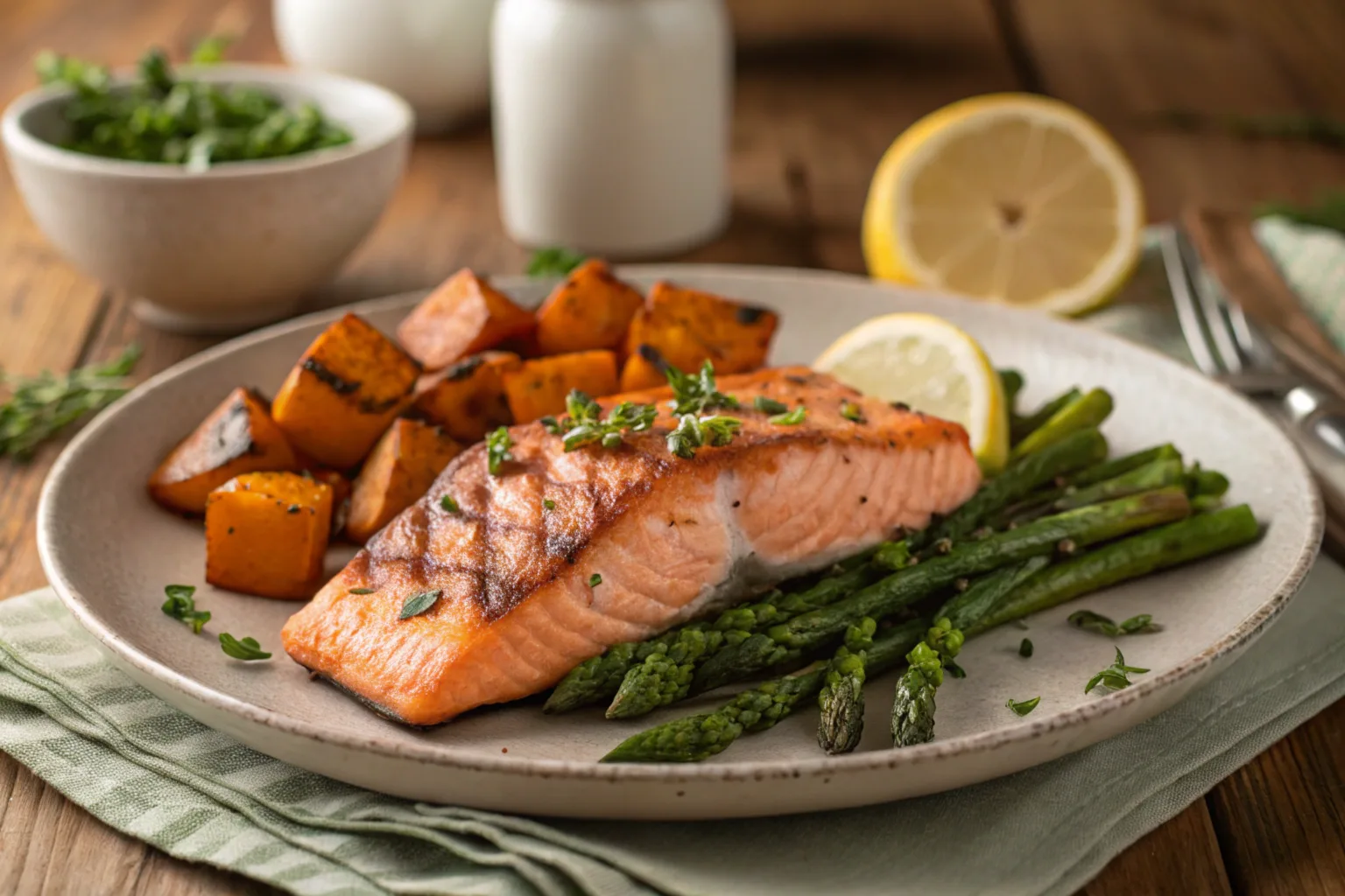 Pellet grilled salmon with sides.