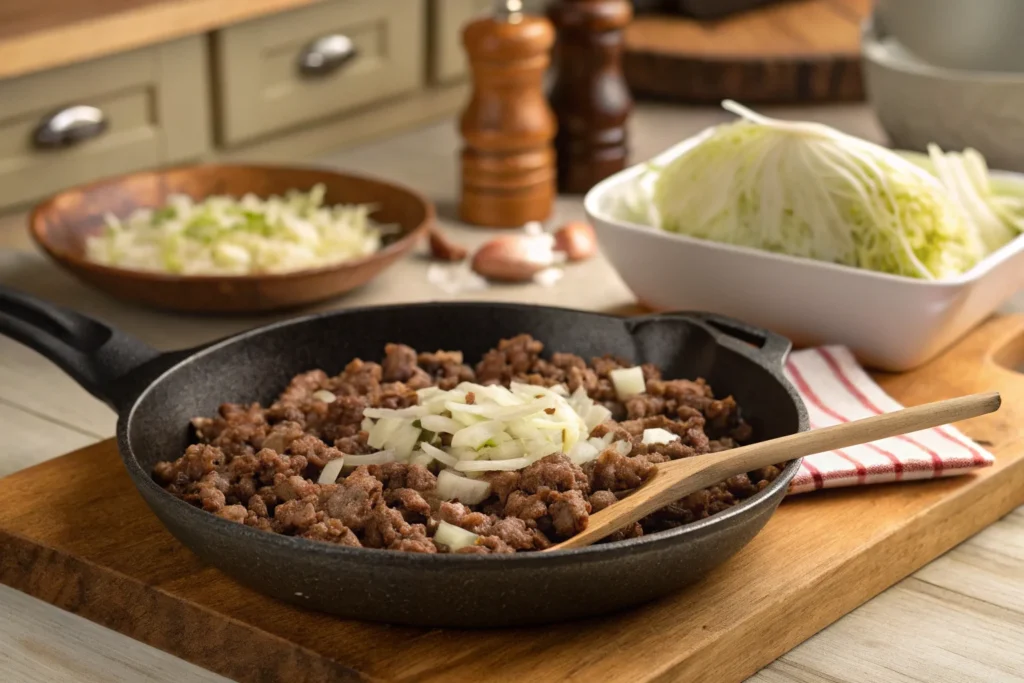 Ground beef cooking with onions.