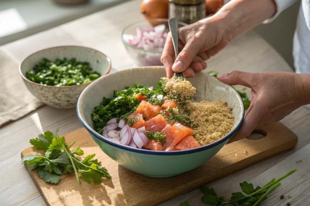 Mixing ingredients for salmon patties.