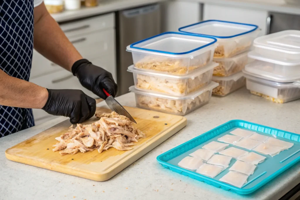 Shredding and storing rotisserie_chicken portions.