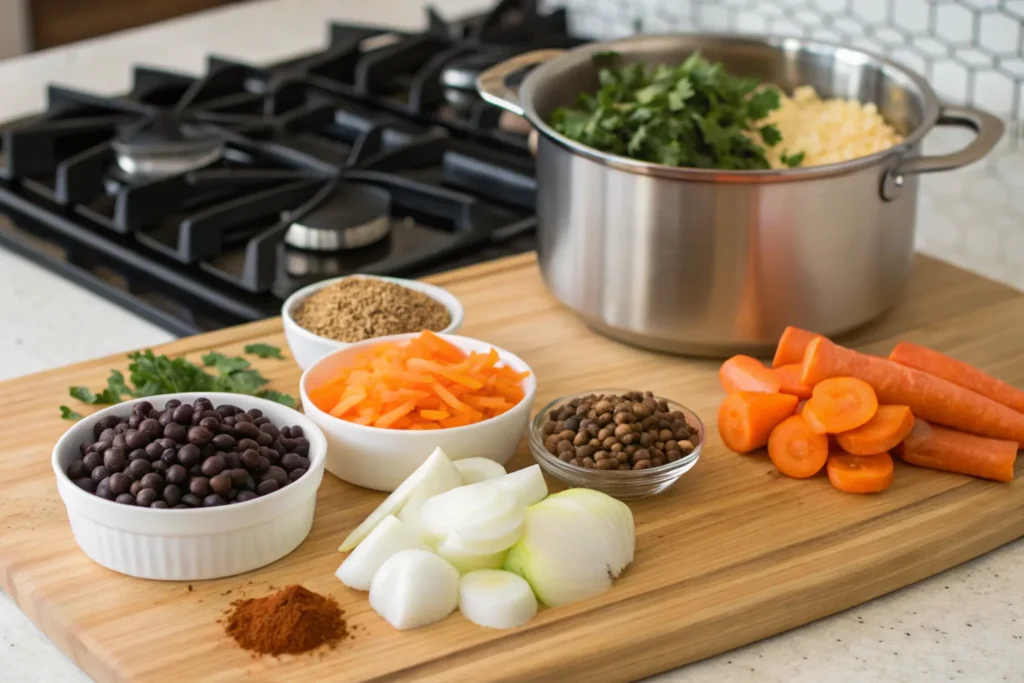 Fresh ingredients for a healthy black bean soup recipe.