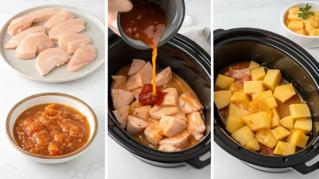 Chicken layered in a crockpot with pineapple and sauce being poured over it.