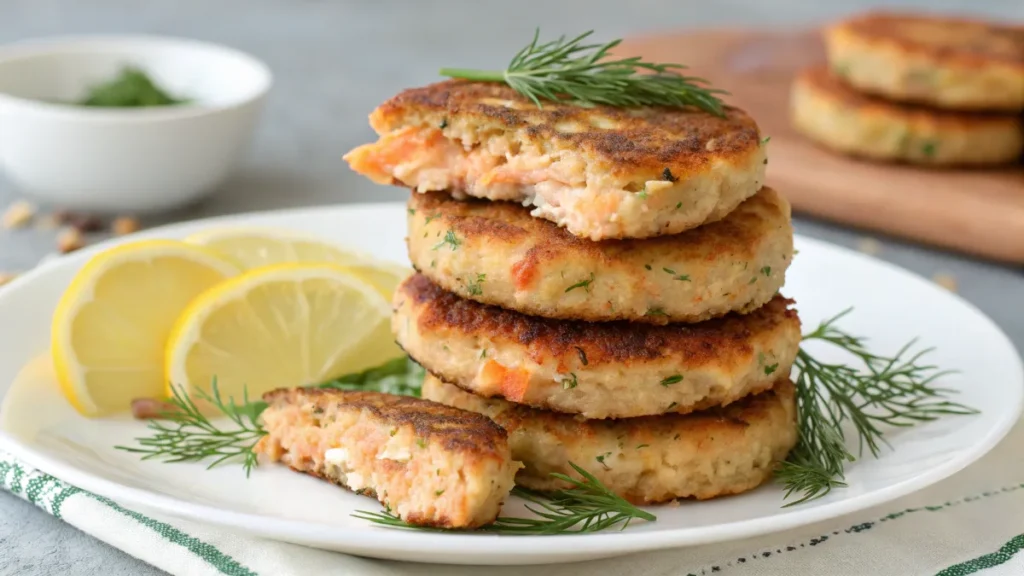 Stack of salmon patties on a white plate with lemon slices and dill garnish.