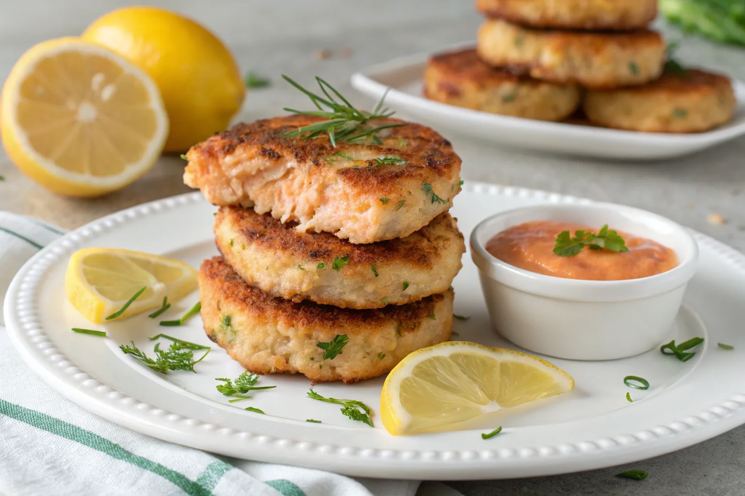 Golden salmon patties with lemon and sauce.