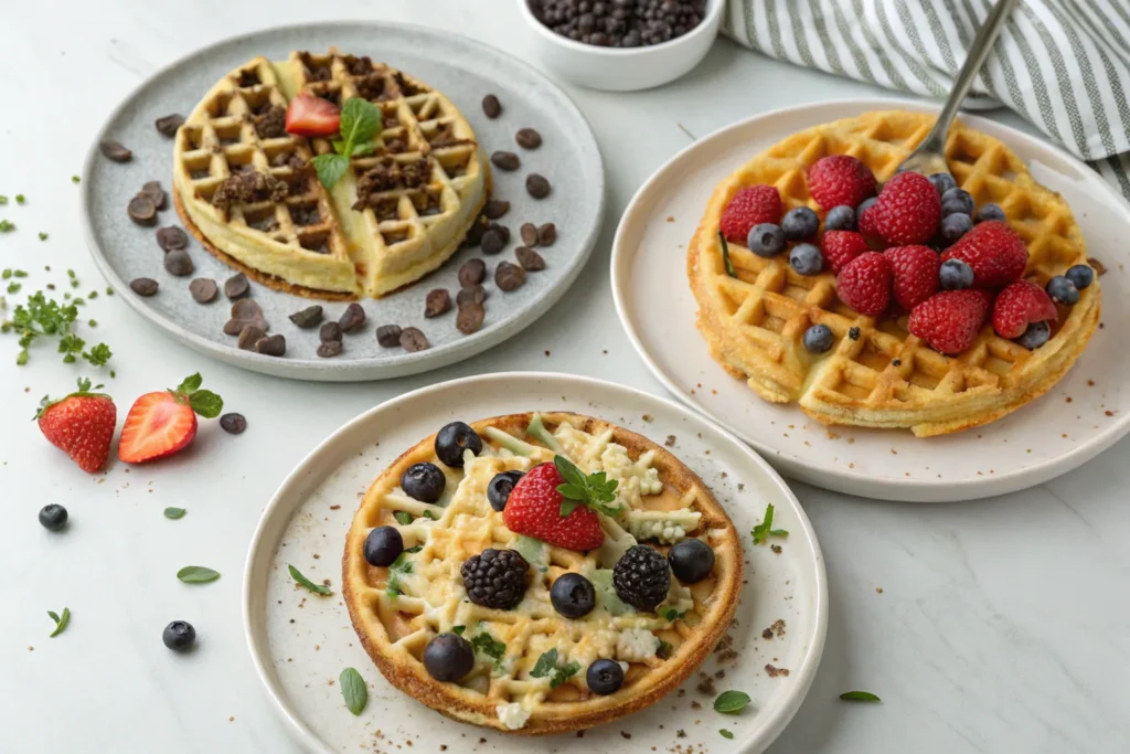 Almond-flour-waffles with sweet and savory toppings.