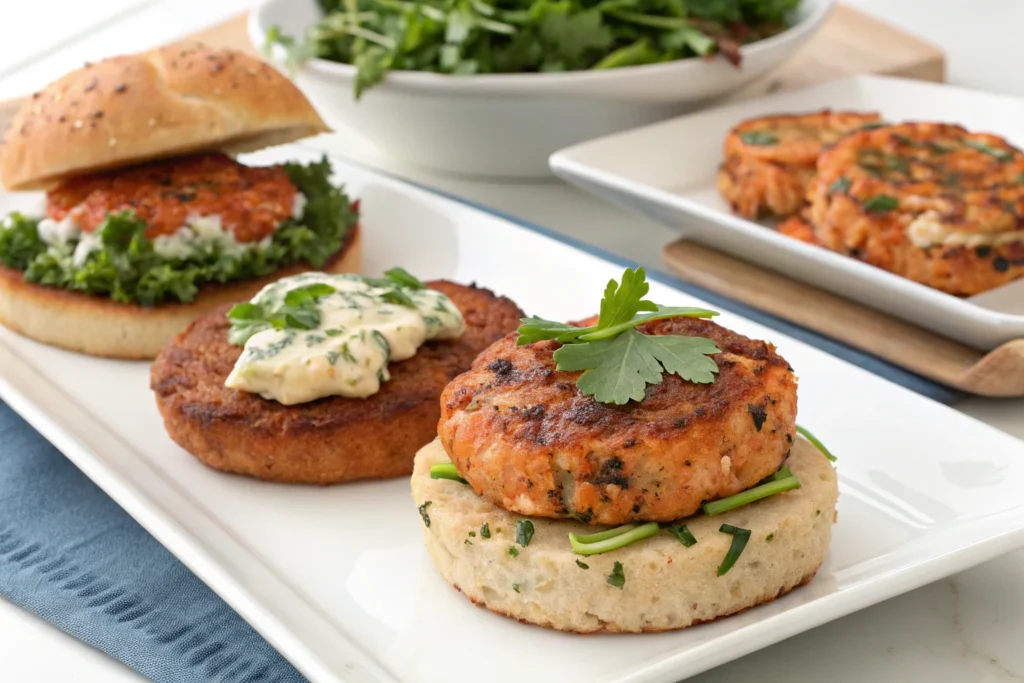 Salmon patties with different variations.