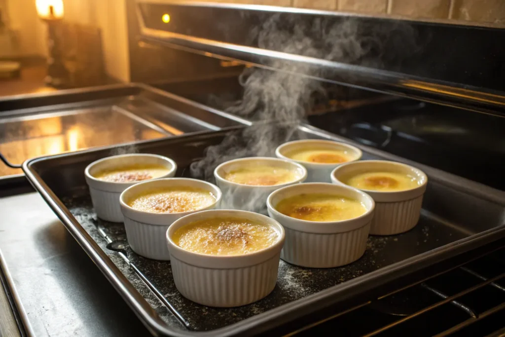 Milk-based crème brûlée baking in the oven.