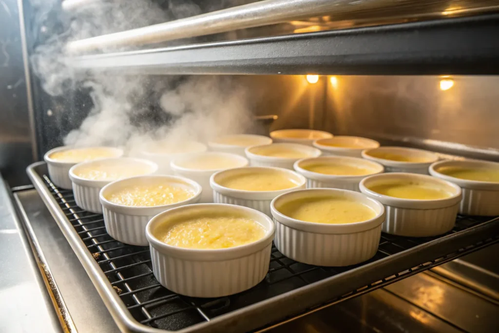 Preparing crème brûlée in a water bath.