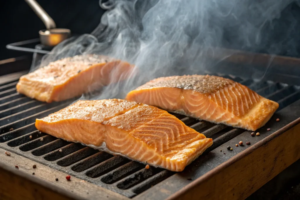 Salmon fillets grilling on a pellet grill.