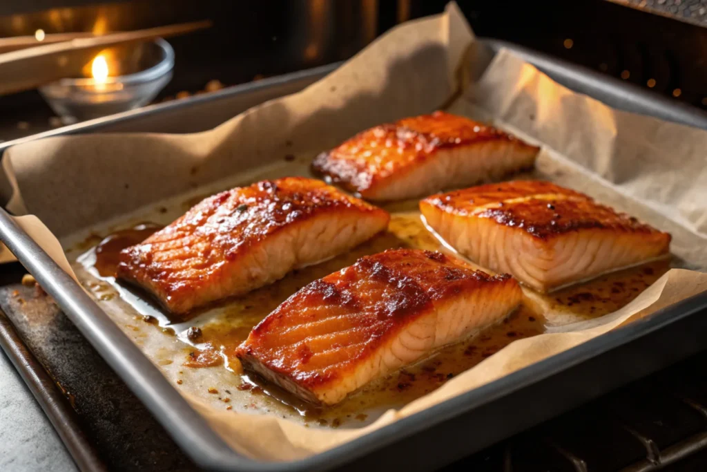 Salmon baking in sweet chili glaze.