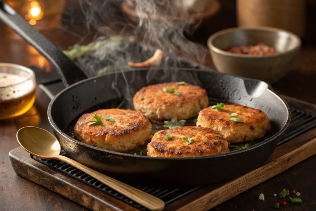 Golden-brown salmon patties frying in a skillet.