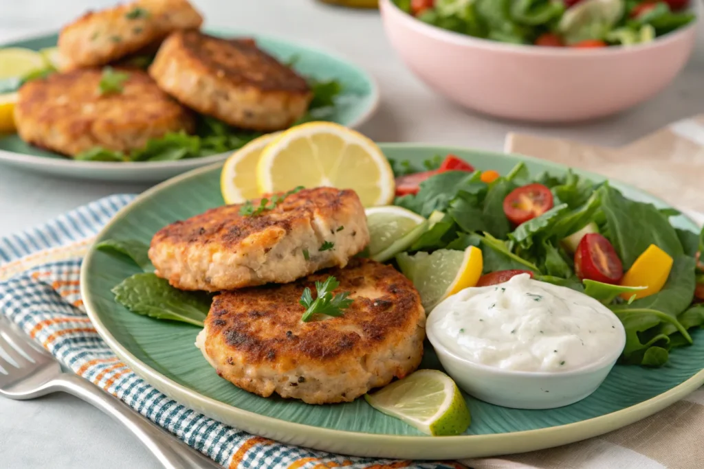 Salmon_patties with salad and sauce.